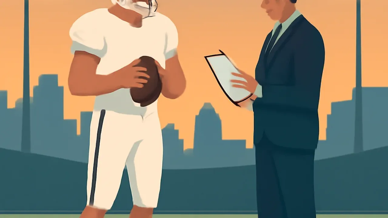 A quarterback stands on a football field under stadium lights while paperwork is reviewed, with a simple city skyline in the background.