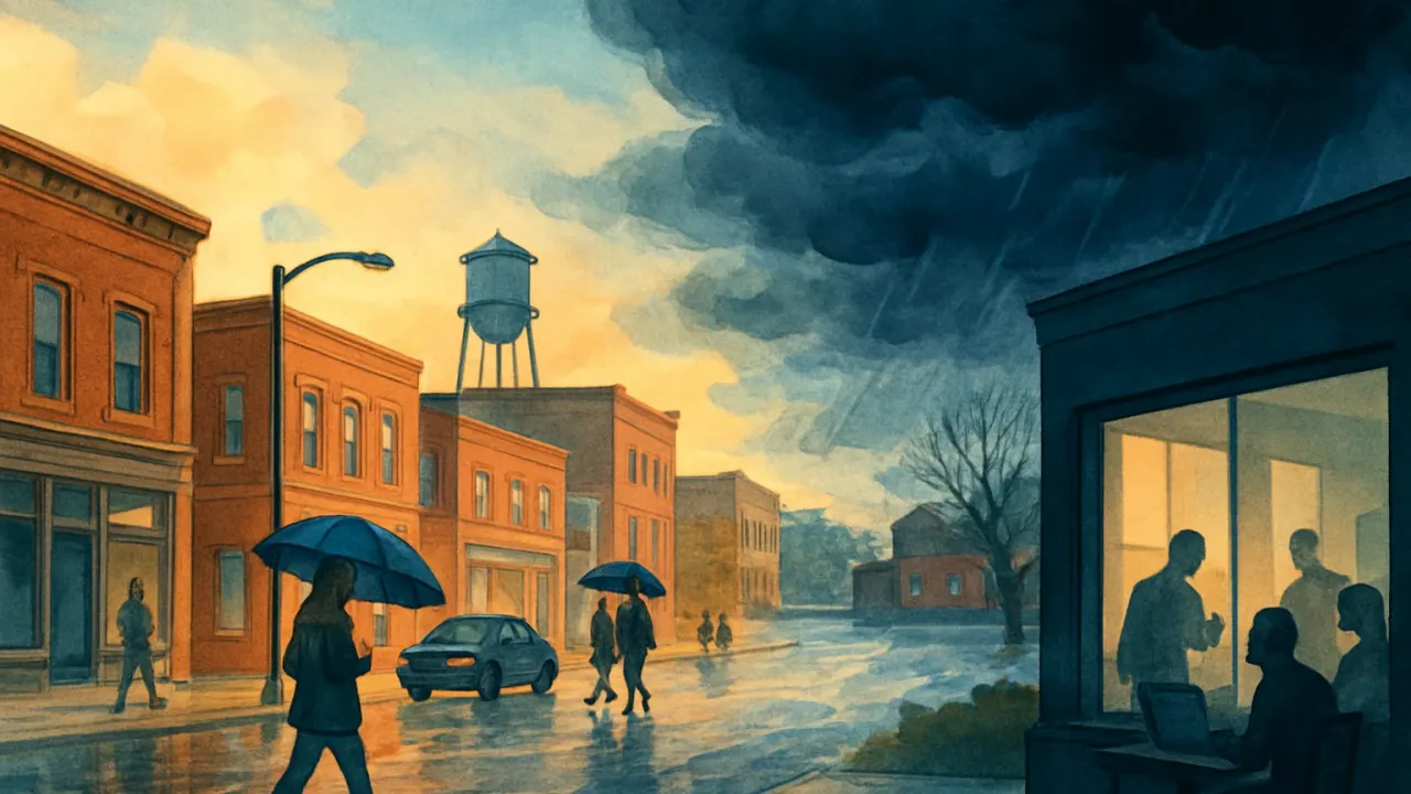 An evening city street moving from clear weather to incoming storm clouds with umbrellas and flood-prone water levels in the distance.