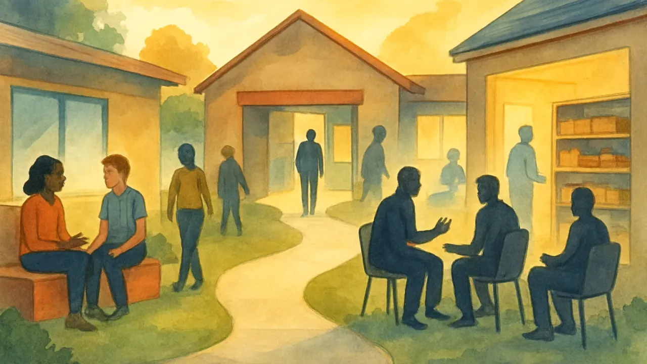 A community outreach center interior with pathways to youth mentorship, mock interview practice, and food assistance spaces.