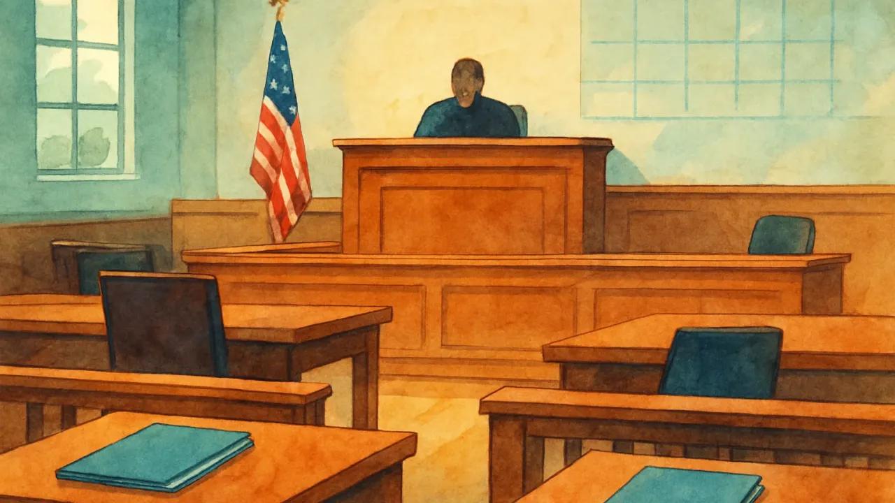 A courtroom scene showing legal filings related to a motion to dismiss.