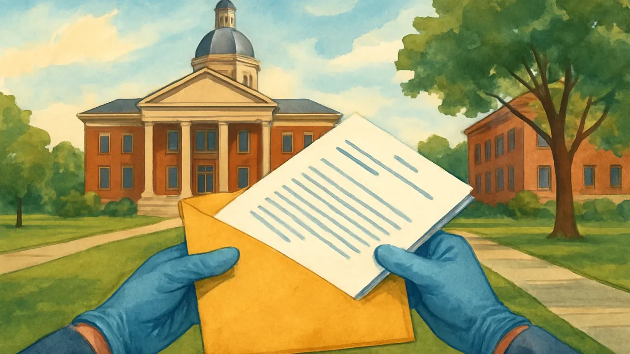A courthouse backdrop with symbolic legal paperwork and a quiet campus walkway suggesting a dispute over tuition rules.