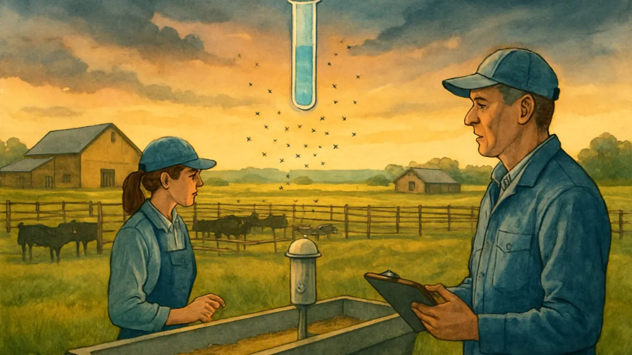 Rural feedlot scene with a farmer observing a fly-bait control concept near livestock pens as flies diminish in the air.