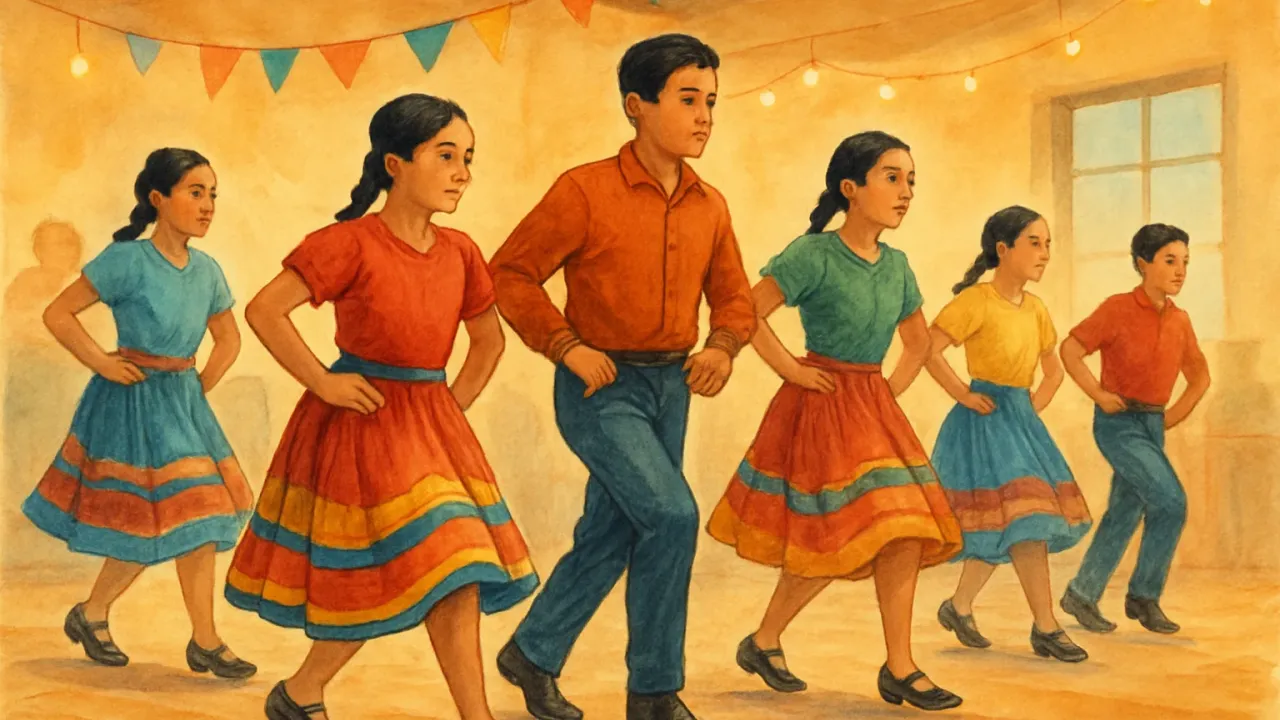 Children and teens rehearsing traditional dance for a summer festival in a community hall