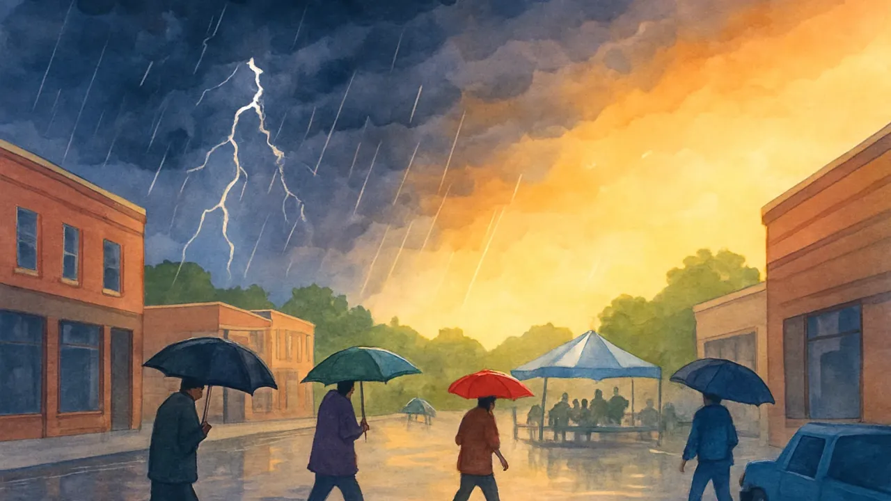 Umbrellas and storm clouds over a rainy city street transitioning to hot, hazy weather
