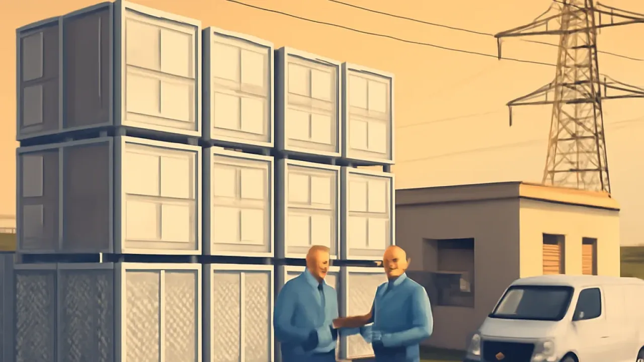 Illustration of a utility-scale lithium-ion battery storage facility with technicians inspecting equipment near container-style battery units and overhead power lines.