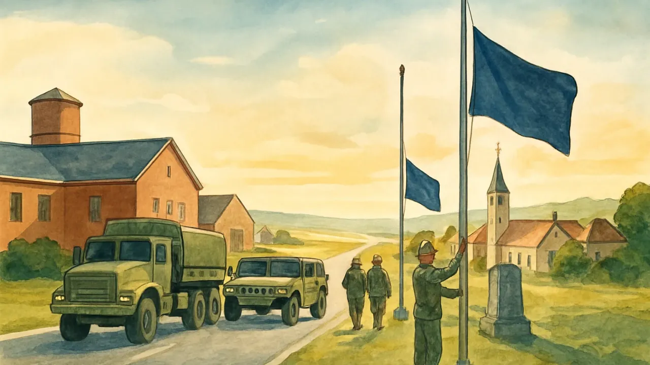 Illustration of soldiers departing from a military installation, shifting into a European ceremonial scene of a unit transition.