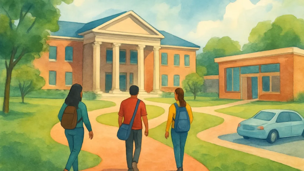 An original illustration showing a community college campus and students moving between academic spaces.