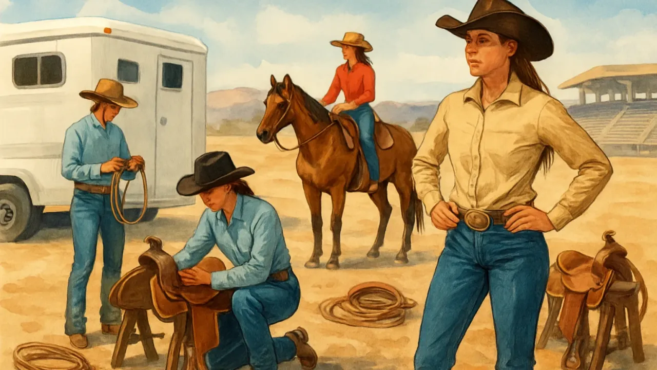 Four collegiate rodeo competitors preparing in an arena with tack and western equipment in view.