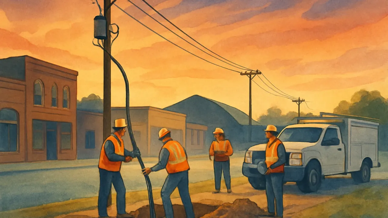 Illustration of a Kansas town with airport and power-grid upgrades representing infrastructure grants.