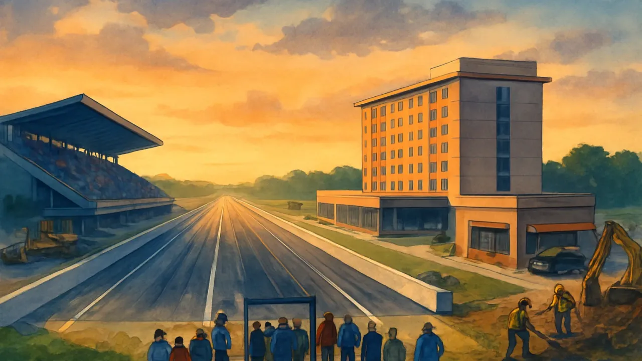 Editorial illustration of a dragstrip and expo complex with nearby hotel and drive-through, suggesting a planned expansion in Great Bend.