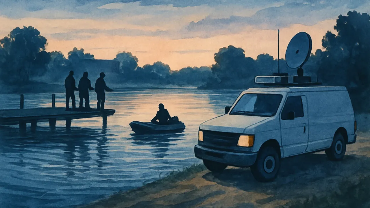 Responders conduct a recovery operation at a lakeside swimming area with sonar equipment nearby