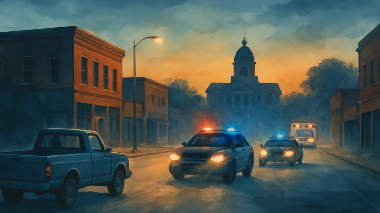 A small-town Kansas intersection scene with vehicles and a courthouse silhouette, suggesting a criminal case and aftermath.