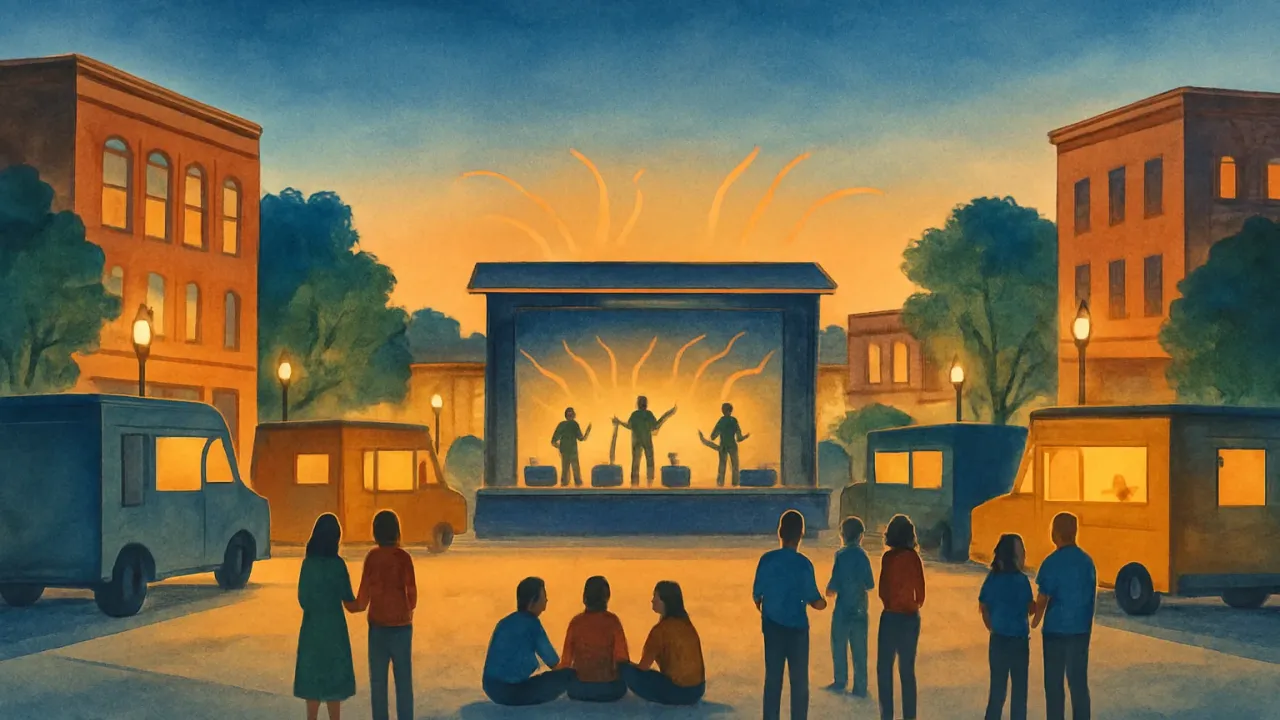 Illustration of a downtown plaza crowd enjoying food trucks and live music at dusk
