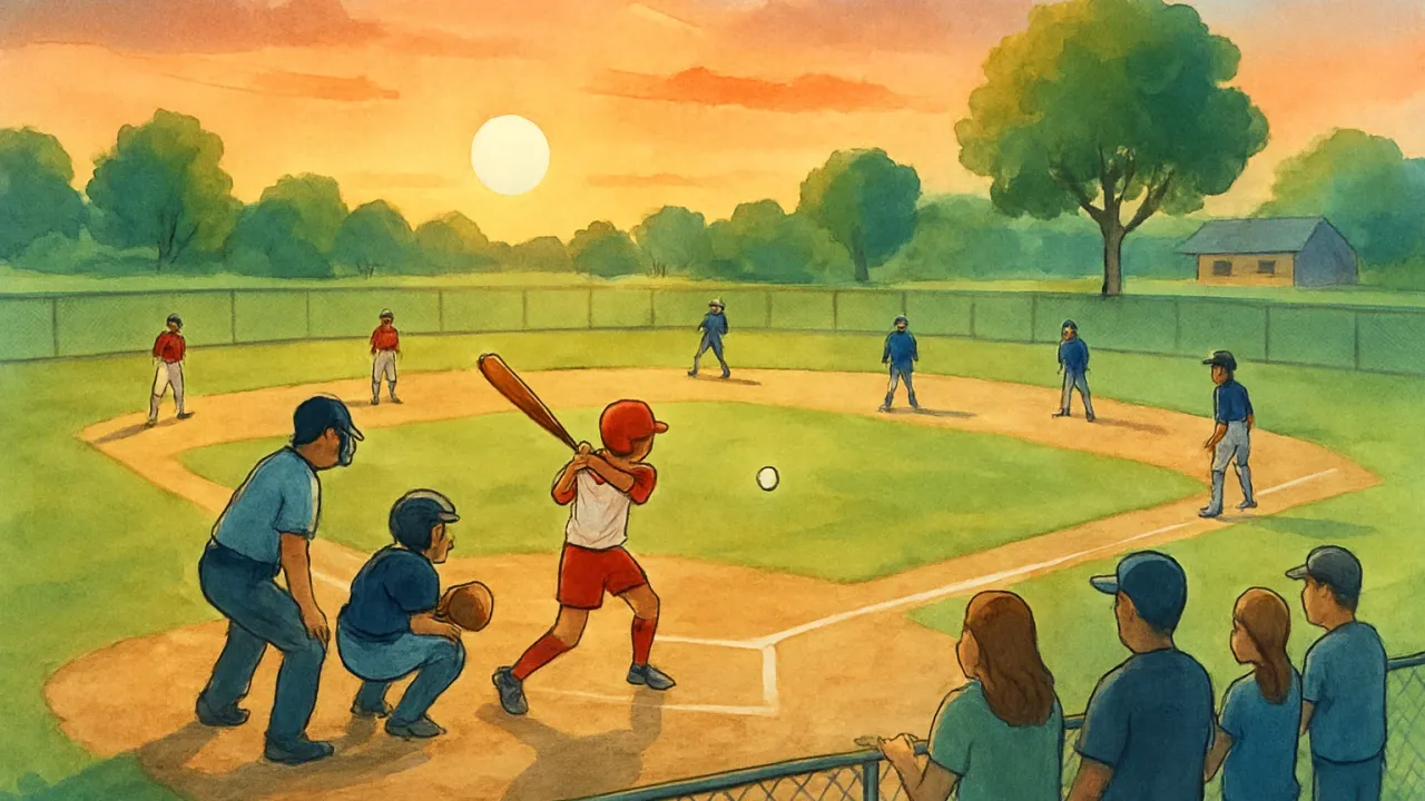 Youth softball action at a local park field with players and spectators in the background.