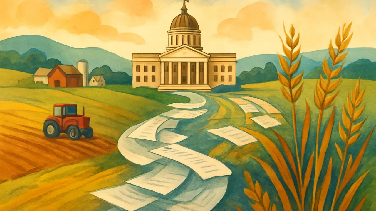 A rural wheat field scene with paperwork flowing toward a distant government building, symbolizing Farm Bill negotiations and agricultural policy administration.