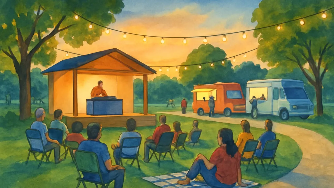 People enjoying a free outdoor Juneteenth music event at a park at dusk, with a DJ booth and food trucks nearby.