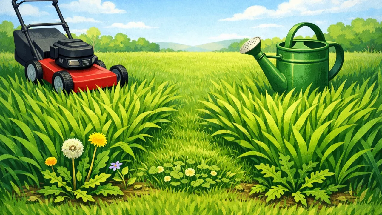 Illustration of dense grass limiting weed growth in a home lawn.