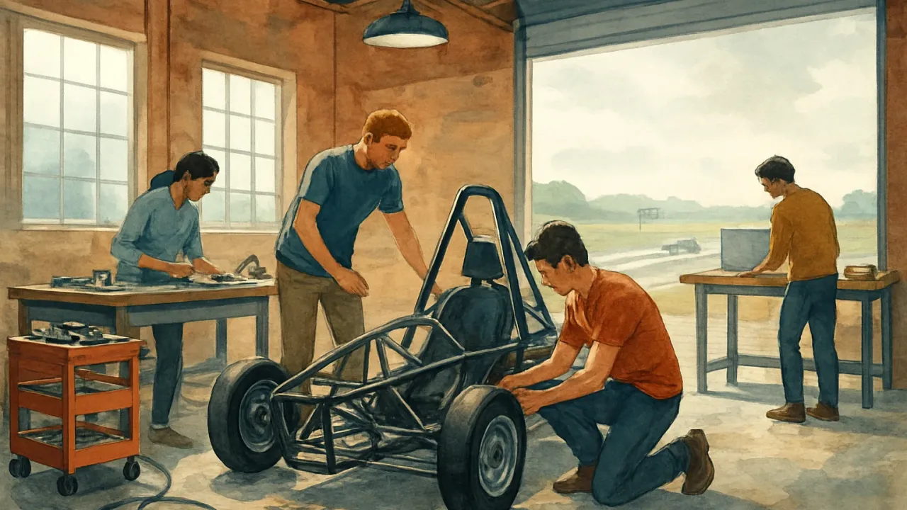Students in an engineering workshop celebrating a race-team milestone beside a small race car frame while a track scene appears in the distance.