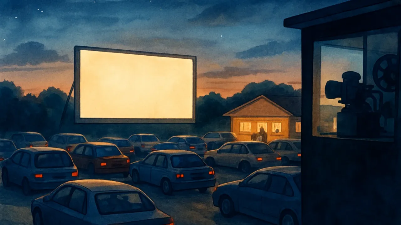 Cars parked at an outdoor drive-in under a night sky, facing a large glowing screen with a nearby projection booth silhouette.
