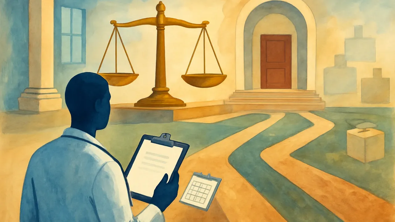 A courthouse scale and branching paths suggest a statewide choice about judicial selection, paired with a healthcare professional figure representing access to care.
