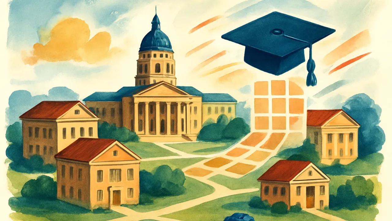 An abstract illustration of a government building in Topeka connected to multiple university facades, with a graduation cap and a reduced credit-hour grid motif.