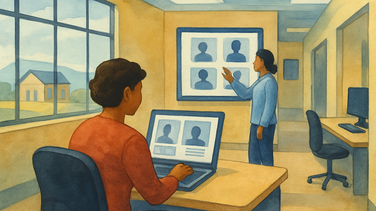 A person uses a laptop to interview in a virtual job fair from a community workforce center setting.