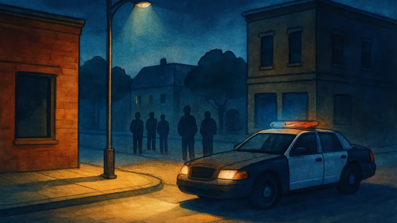 Illustration of a police search scene near a Kansas City-style intersection at dusk.