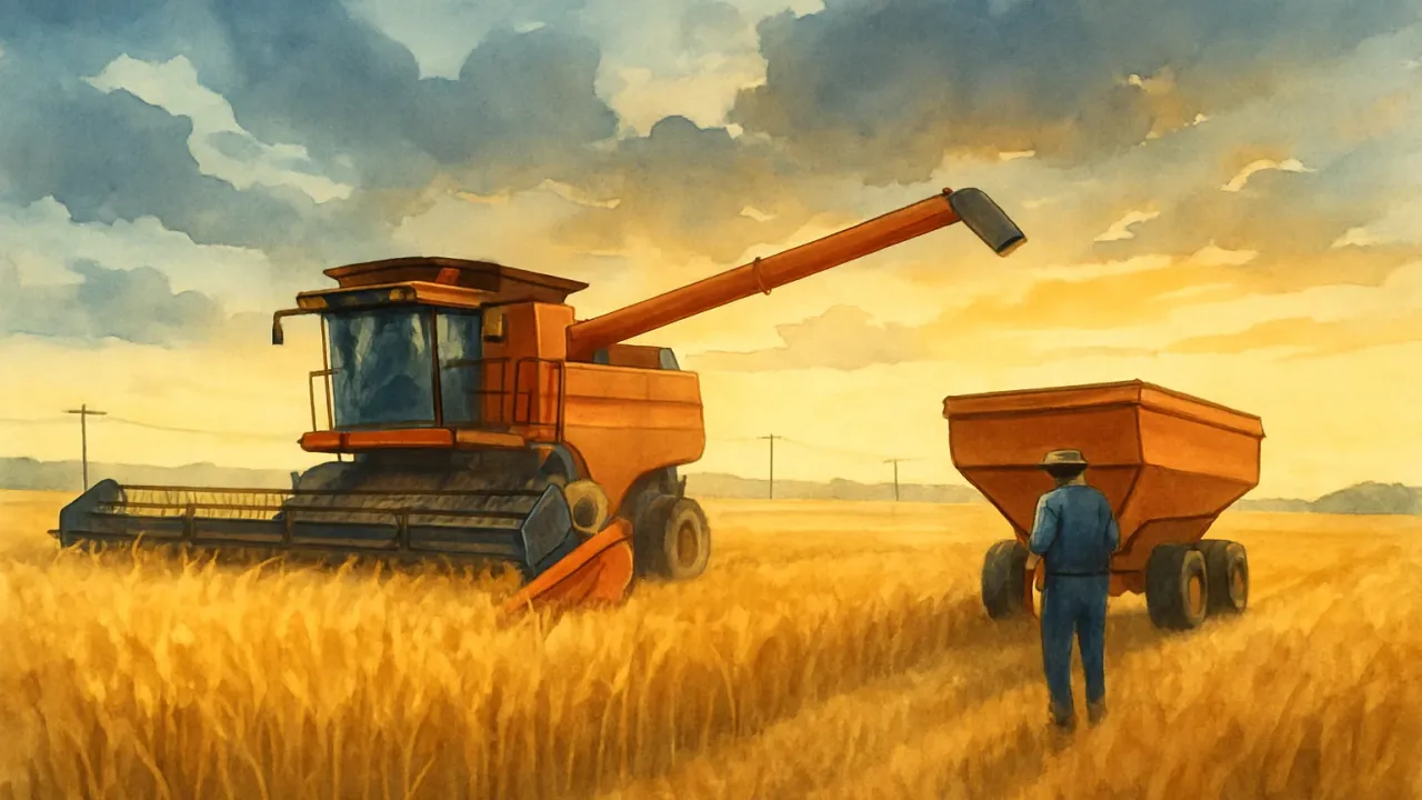 A combine harvester moves through a golden wheat field as weather clears over the Kansas plains.