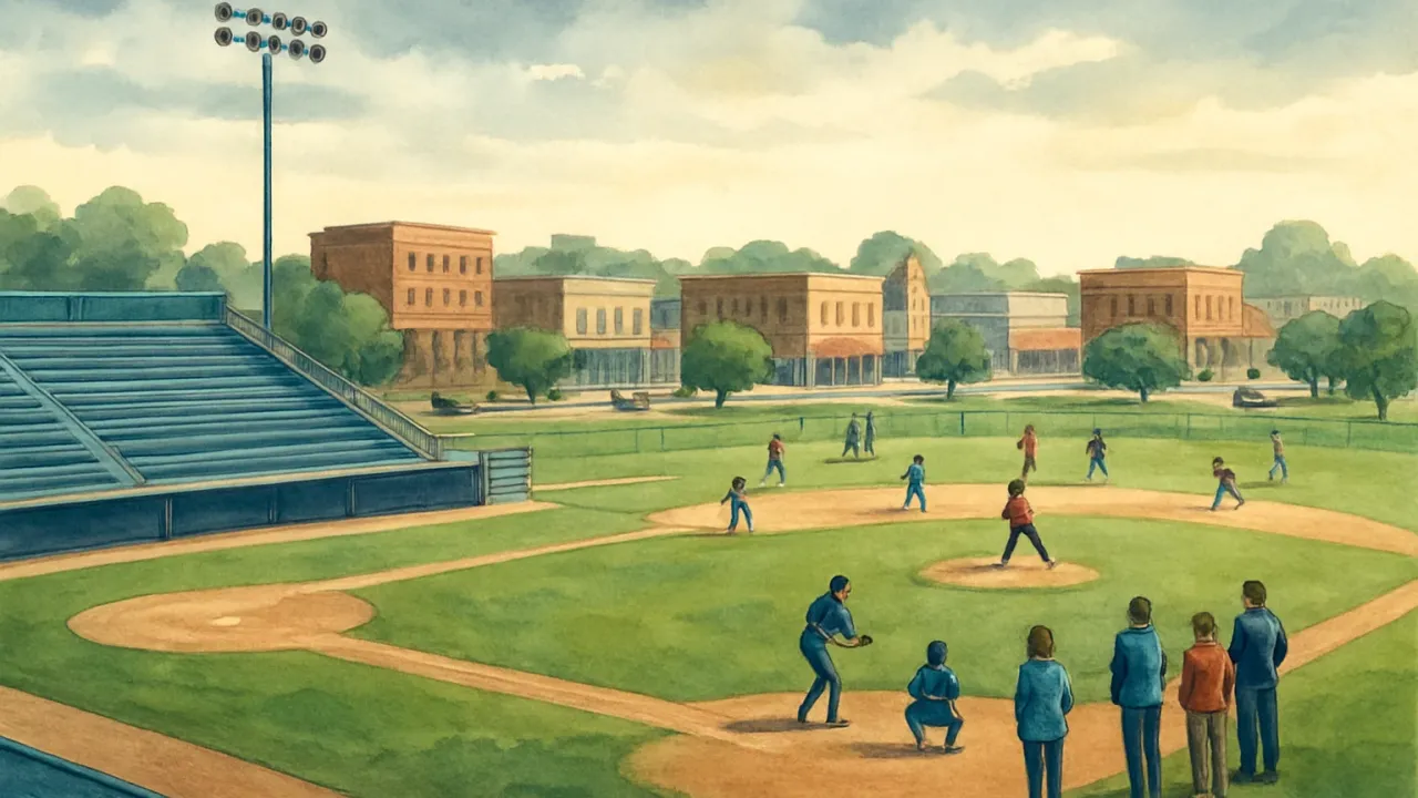 A sunrise scene showing a baseball stadium and nearby softball fields with teams practicing ahead of a championship weekend.