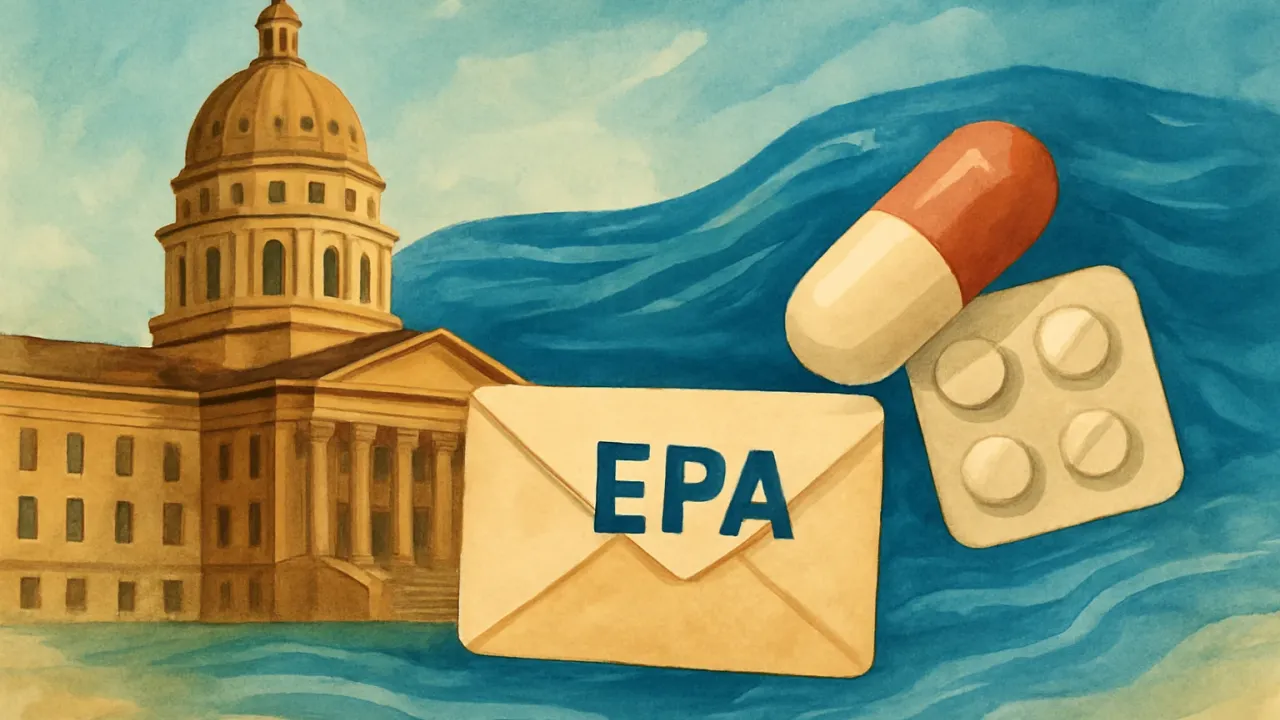 Kansas capitol and flowing water with a symbolic envelope toward an environmental agency concept