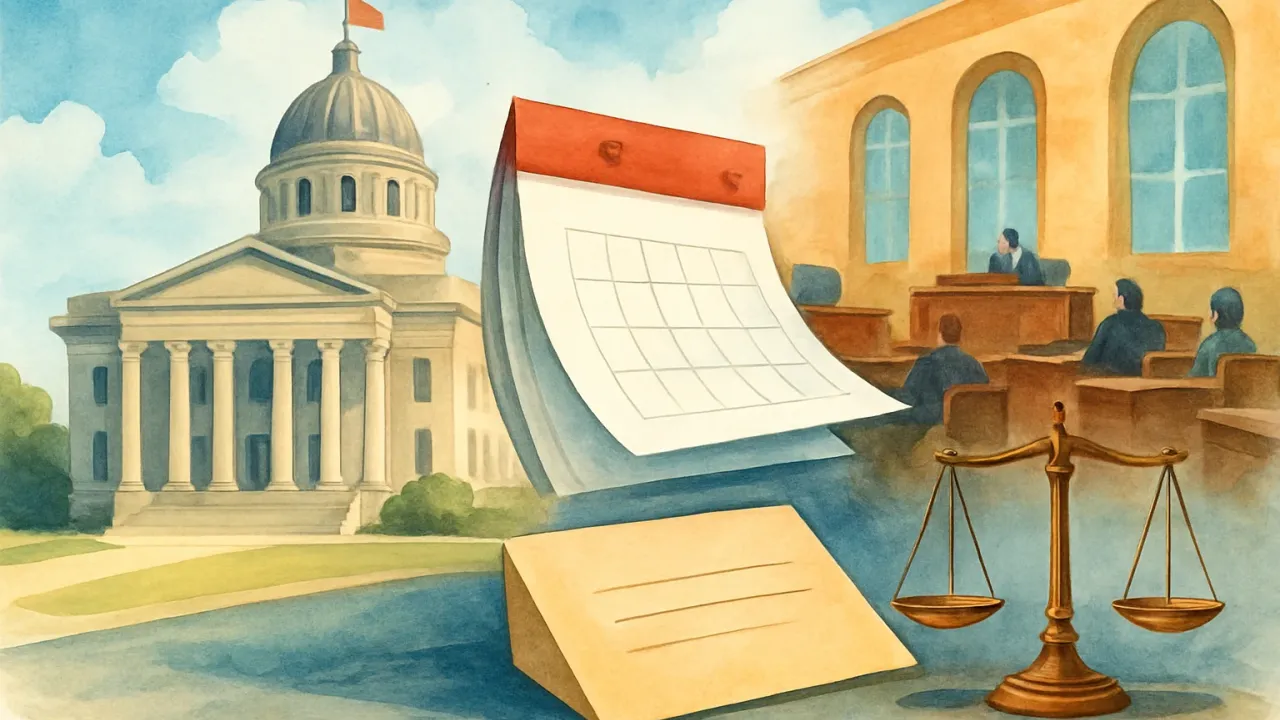 Illustration of Kansas government action with a calendar and sealed legal documents alongside a neutral scale, representing a new drug classification taking effect