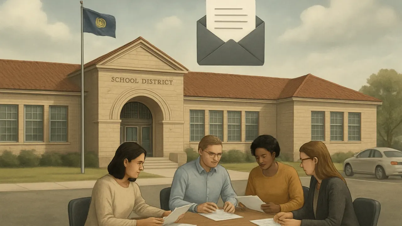 Illustration of educators reviewing compliance paperwork in front of a school building exterior, with envelope imagery suggesting a federal letter.