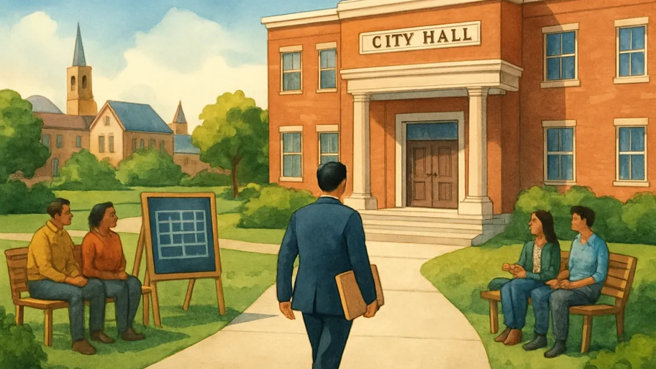 Illustration of an incoming city manager heading toward a municipal building while community members and city budgeting cues appear in the scene.