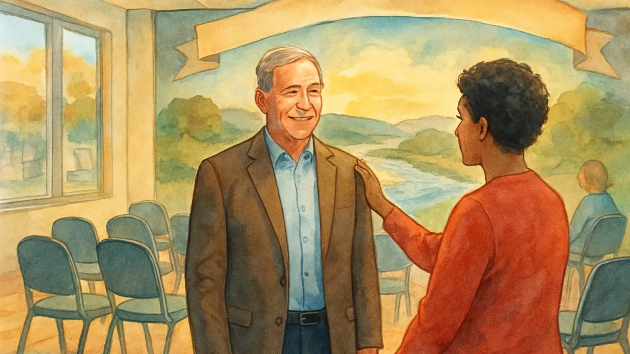 Illustration of a small retirement send-off at a community center lobby in Leavenworth.