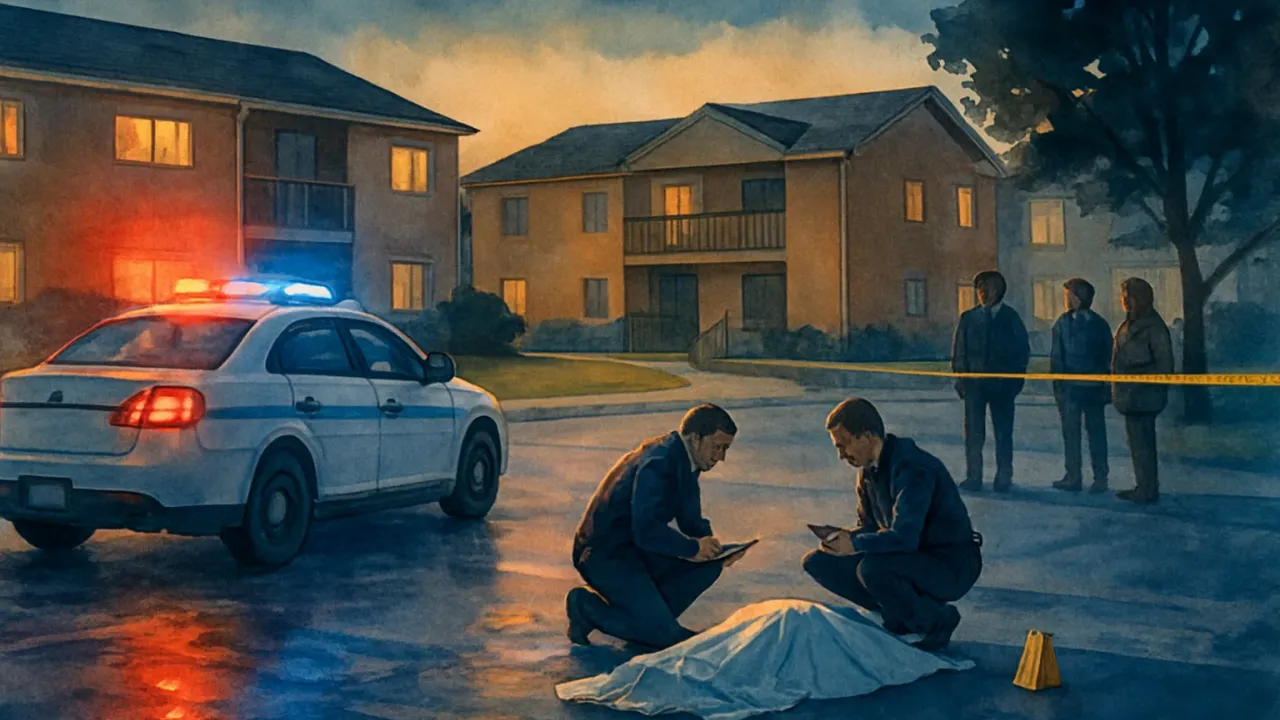 Illustration of investigators and emergency responders at an apartment complex parking lot after a shooting.
