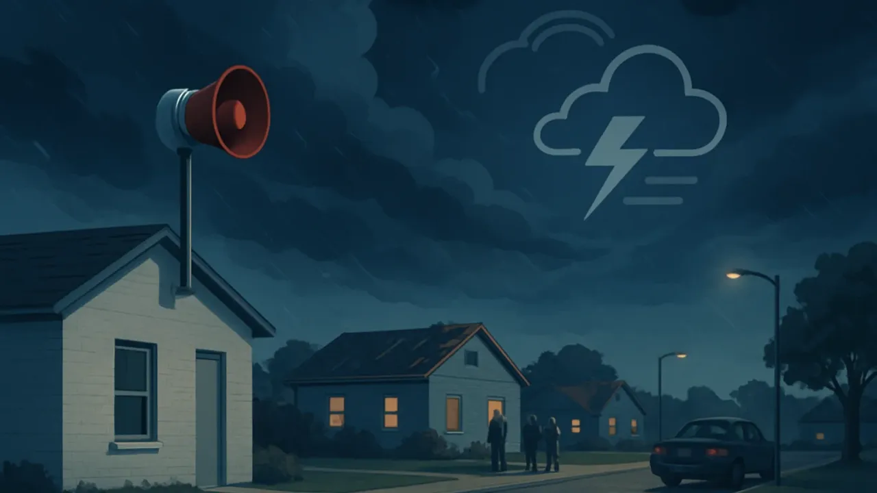 Illustration of a Kansas town street during a severe storm with an emergency siren and sheltering residents under dark clouds.