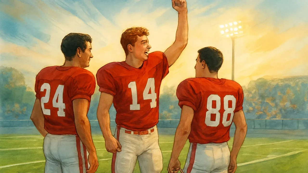 Three football players stand on a sideline as an eight-man football game concludes in Beloit.