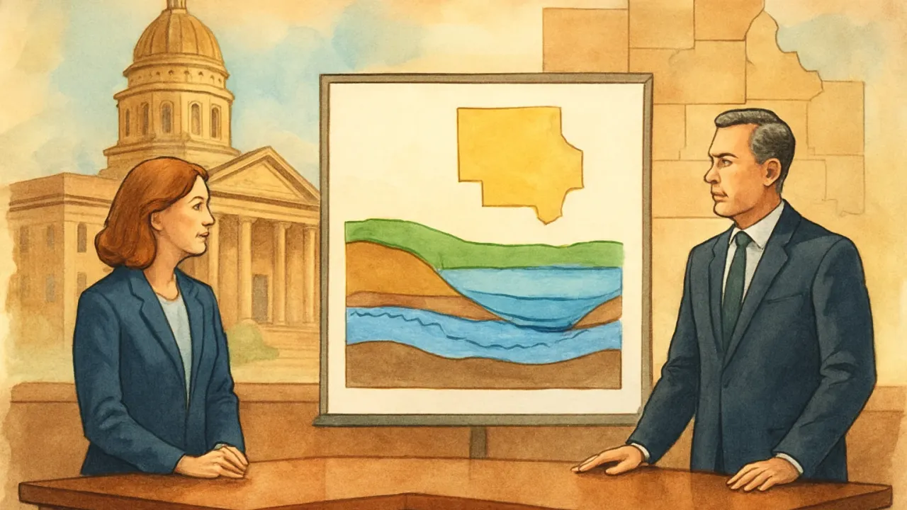 An editorial illustration showing county officials addressing a regional groundwater decline concern with an aquifer diagram in the background.