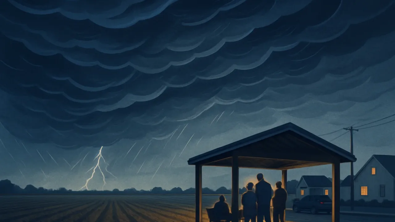 An illustration showing residents sheltered outdoors near a small town as severe thunderstorms approach from dark storm clouds over Kansas fields.