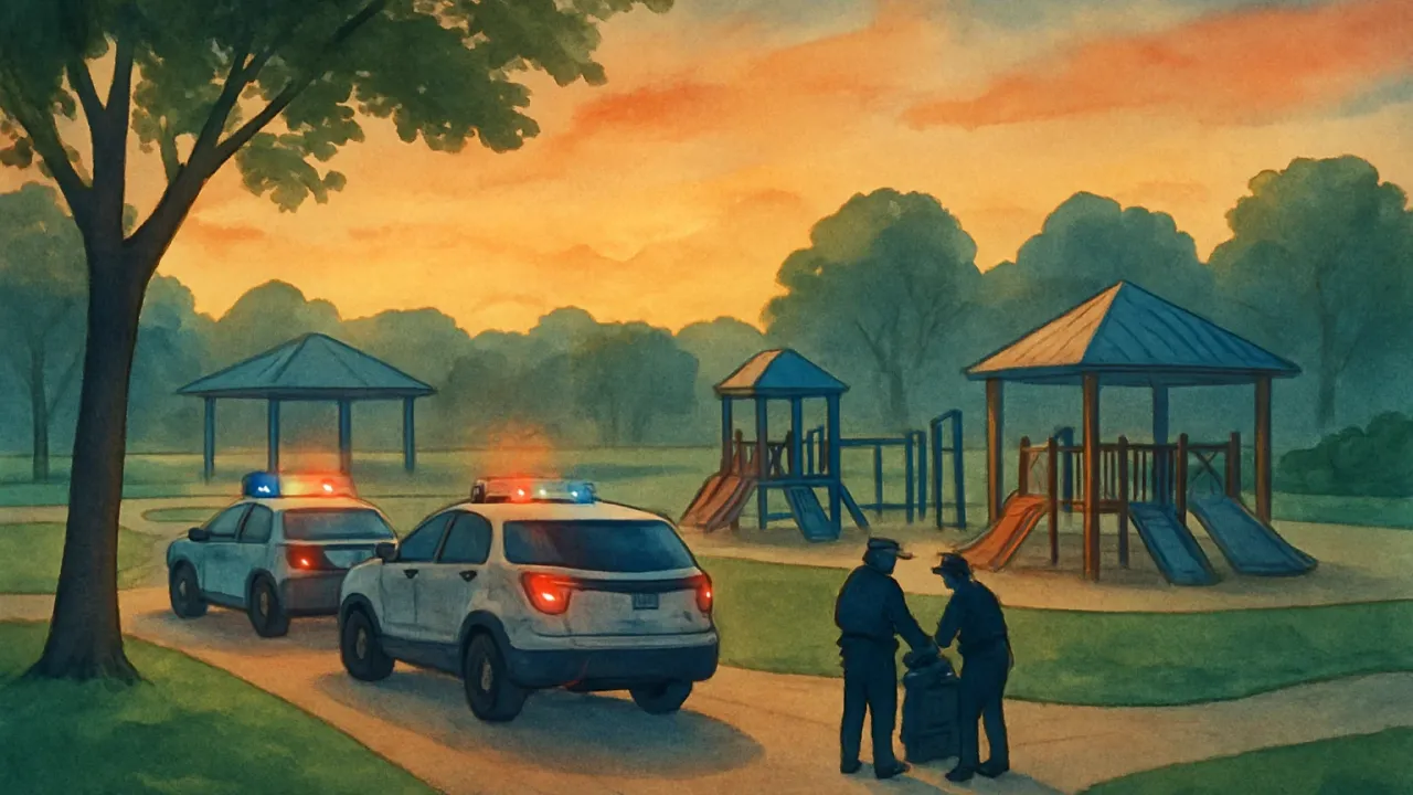 Illustration of emergency response near an empty park at dusk after a shooting