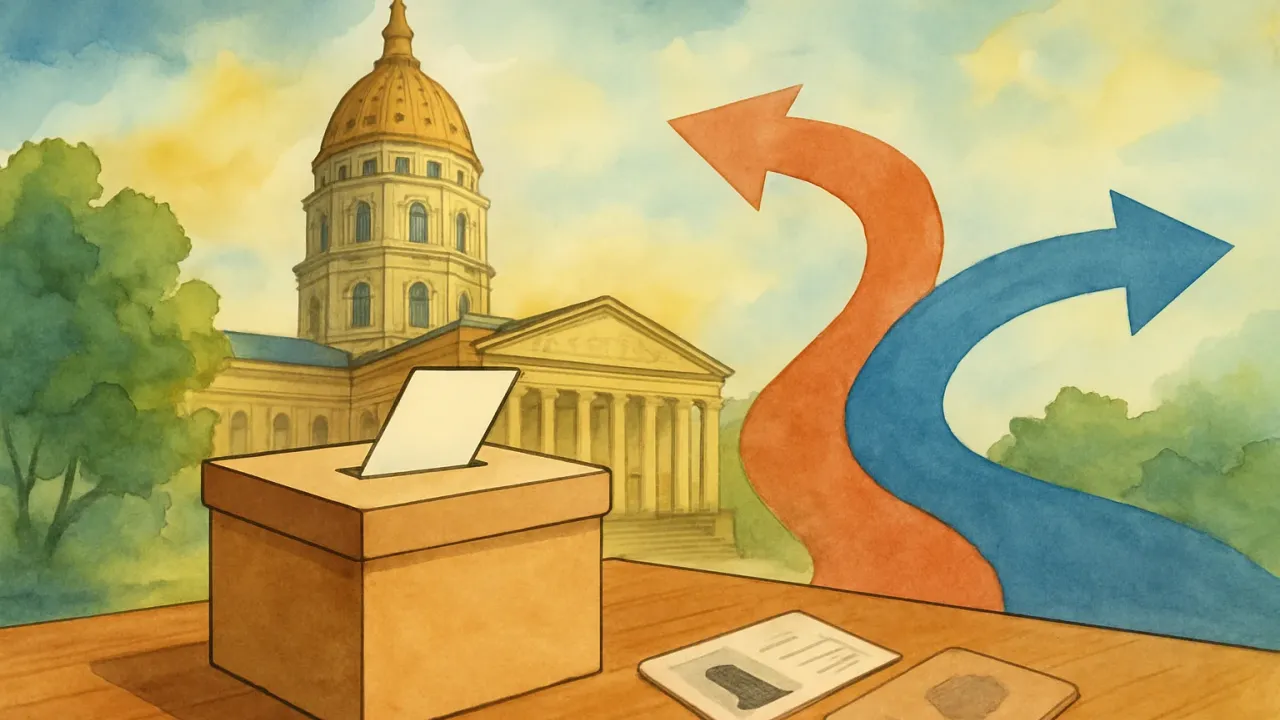 Kansas ballot box scene with election-law symbolism and a clear sense of choosing to remain on the ballot.