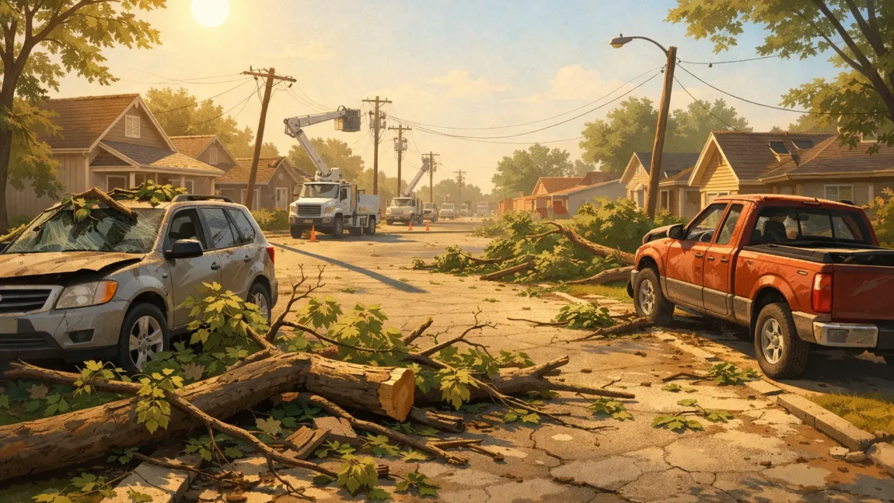 Illustration of storm debris, damaged cars, and utility repairs on a hot residential street.