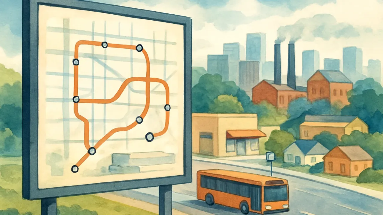 Editorial illustration showing a looping orange transit route connecting industrial areas to downtown and retail transfer points