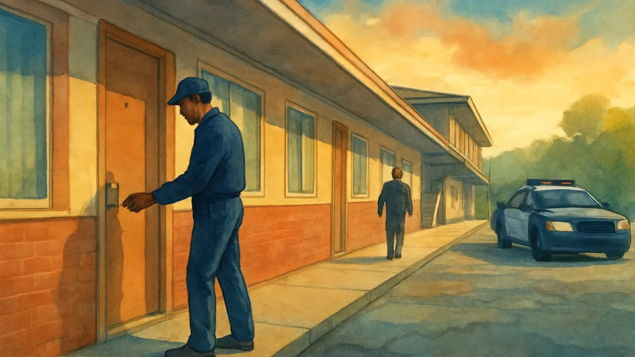 Artist’s illustration of a motel entrance with maintenance workers and arriving police after a gun-related incident