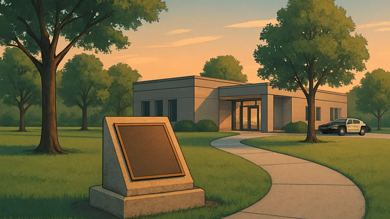 A peaceful city park memorial with a bronze plaque and a law enforcement building in the background at dusk.