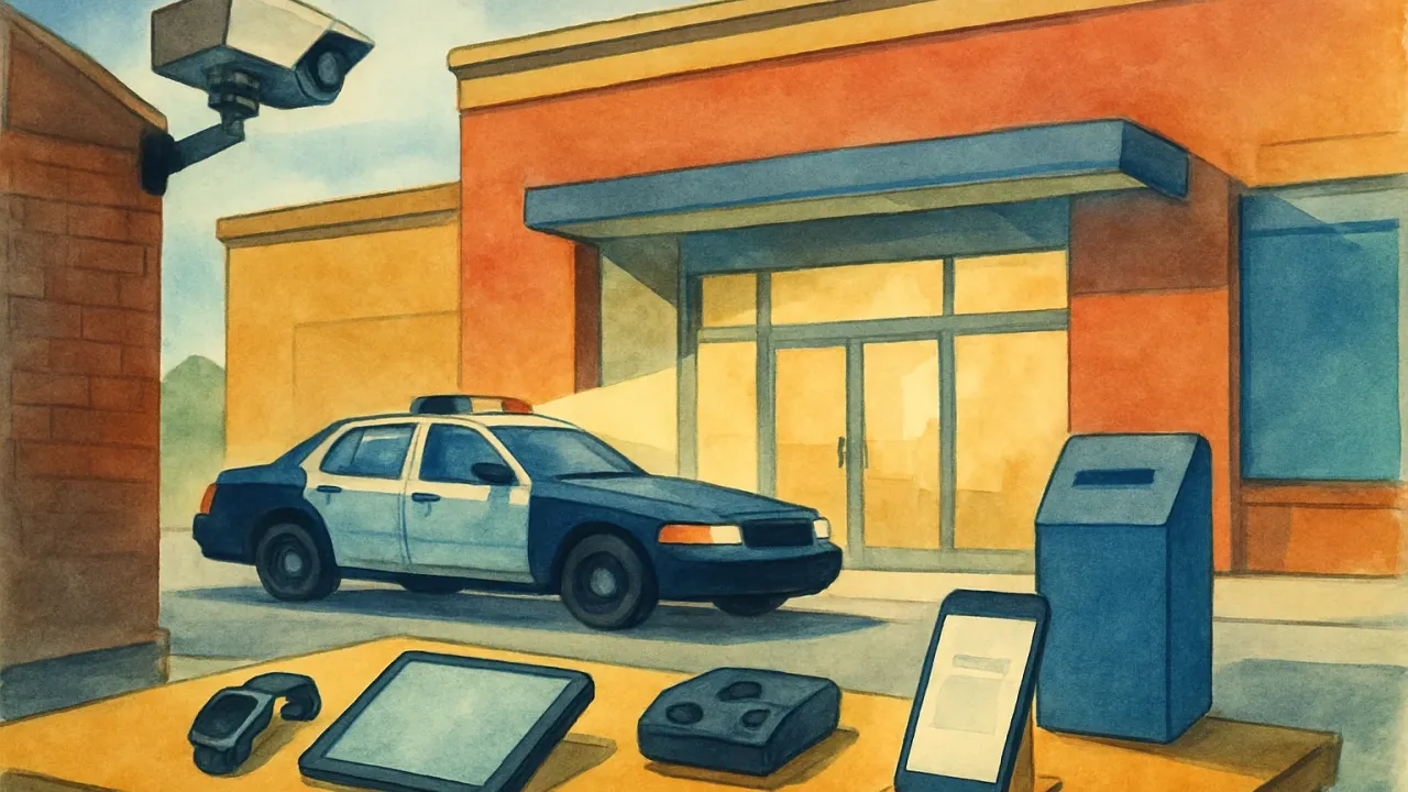 Illustration of surveillance spotlighting a retail entrance while electronic items and a tip reporting concept suggest a theft investigation.
