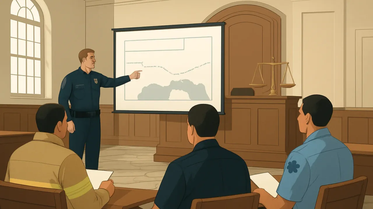 A courthouse training scene showing responders reviewing materials and a balance scale symbolizing updated criminal-law measures.