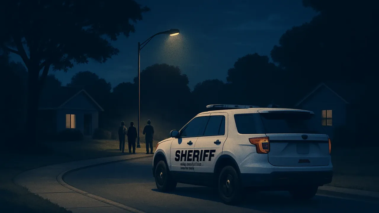 Nighttime scene suggesting a county sheriff search near a residential street with responders coordinating under streetlights.