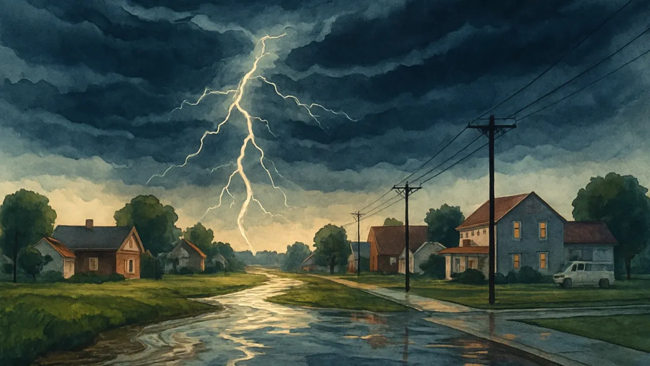 Storm clouds over a Kansas town with overflowing water near a creek and lightning in the sky