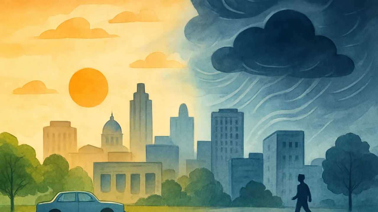 Bright morning over a city skyline that transitions to windy storm clouds later in the week.
